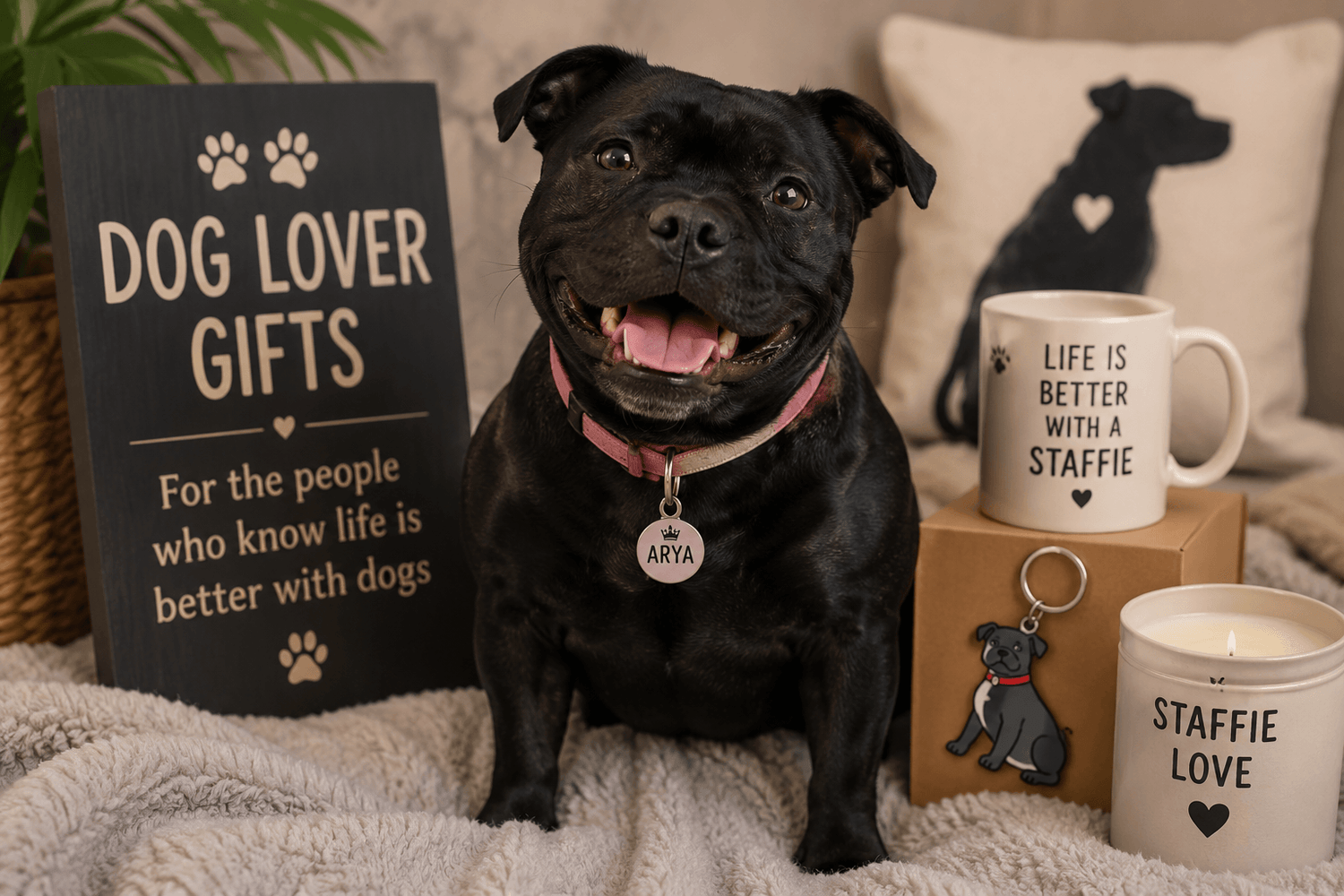 Black Staffordshire Bull Terrier Arya modelling gifts and keepsakes in the Dog Lover Gifts collection at Kate's Treasures15