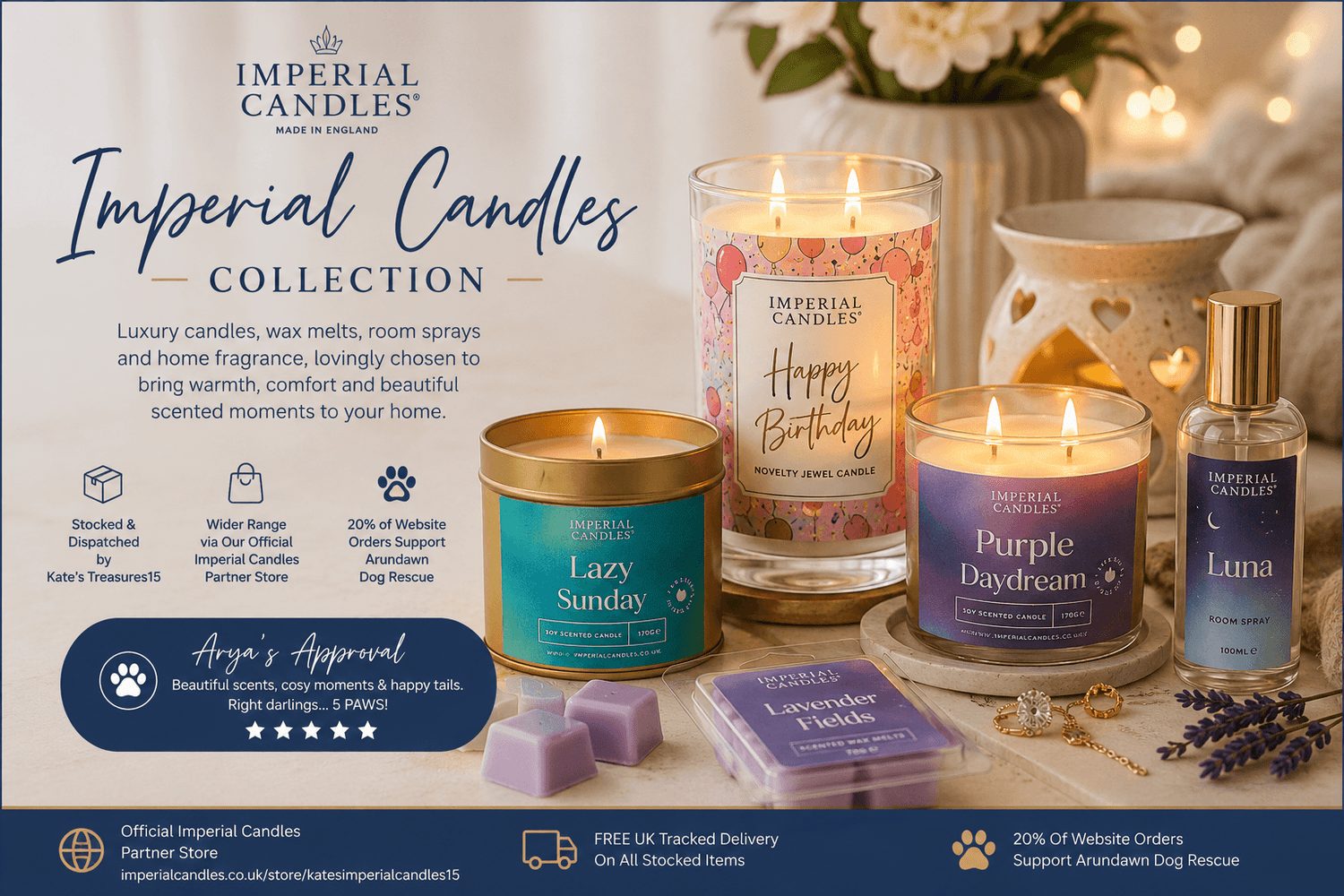 Imperial Candles collection with luxury scented candles, wax melts and home fragrance at Kate's Treasures15, including stocked items and the official partner range.