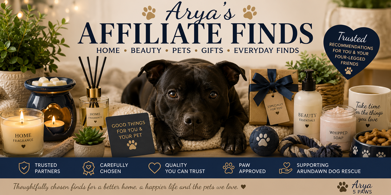 Arya's Affiliate Finds featuring a black Staffy surrounded by home fragrance, beauty products, pet accessories, gifts and everyday lifestyle recommendations.
