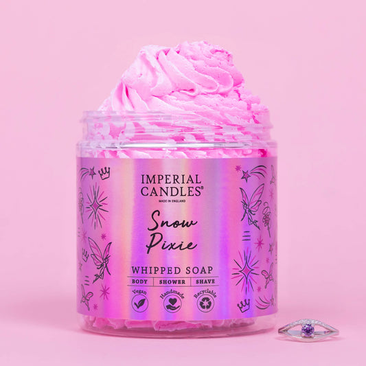 Snow Pixie - Whipped Soap - Imperial Candles with fluffy pink texture and enchanting bubble gum scent in a decorative jar