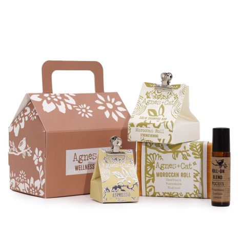 Agnes & Cat Wellness Gift Set - Moroccan Morning featuring soap, shampoo, and essential oil blend for self-care.