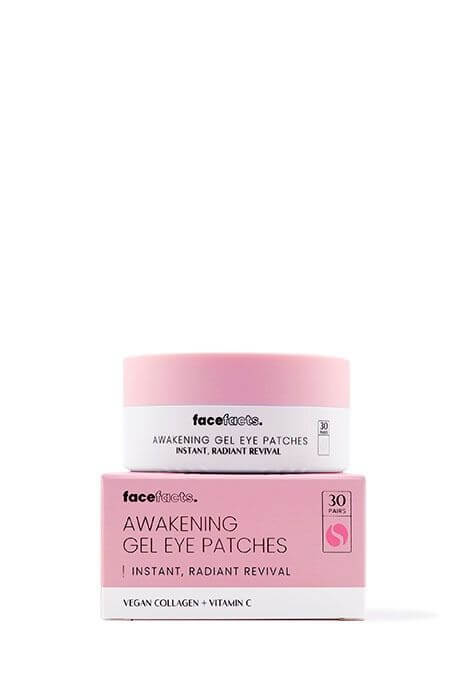 face2goode Awakening Gel Eye Patches in a pink and white jar with its matching pink and white retail box, set against a plain white background.