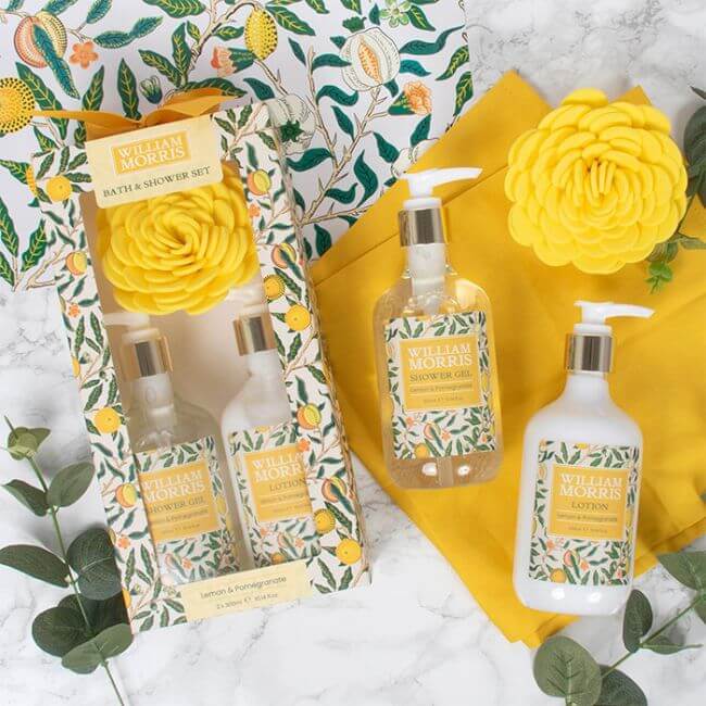 William Morris Fruits Shower Gift Set with lemon and pomegranate scented shower gel, body lotion and flower body scrubber gift box.