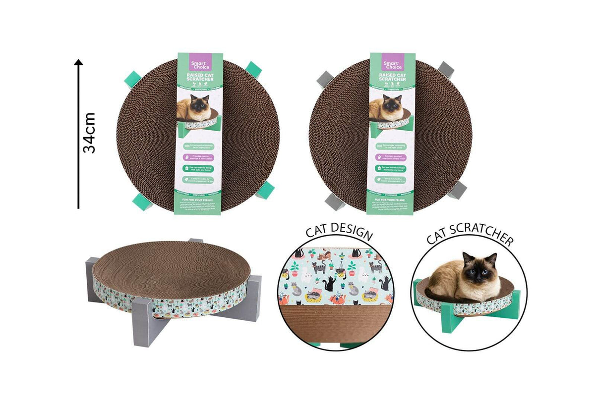 Cat scratcher with packaging and dimensions on a white background