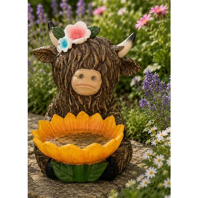 Highland Cow Sunflower Bird Bath