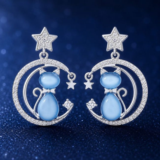 Furry Companions Cat On Moon Earrings