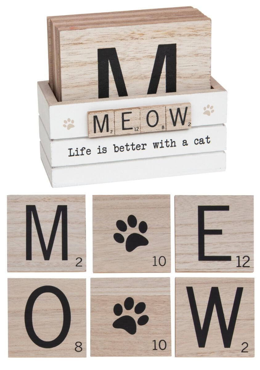 Cat Scrabble Coaster Set with Holder Set of 6