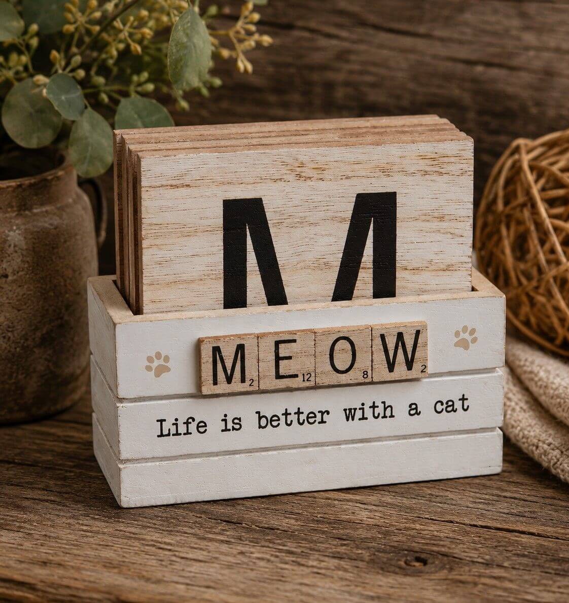 Decorative wooden block with 'MEOW' and 'Life is better with a cat' text on a wooden surface.