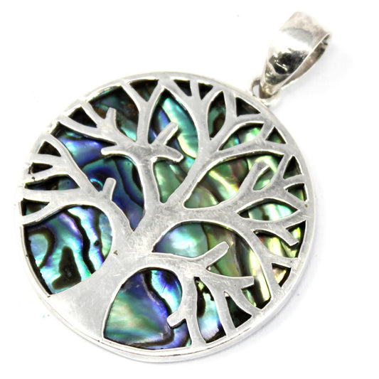 Stunning Tree of Life Silver Pendant 30mm - Abalone showcasing vibrant colours and intricate design, perfect for any occasion.