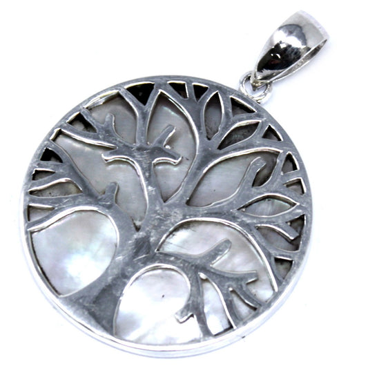 Elegant Tree of Life Silver Pendant 30mm - Mother of Pearl, symbolising healing and beauty in a unique design.