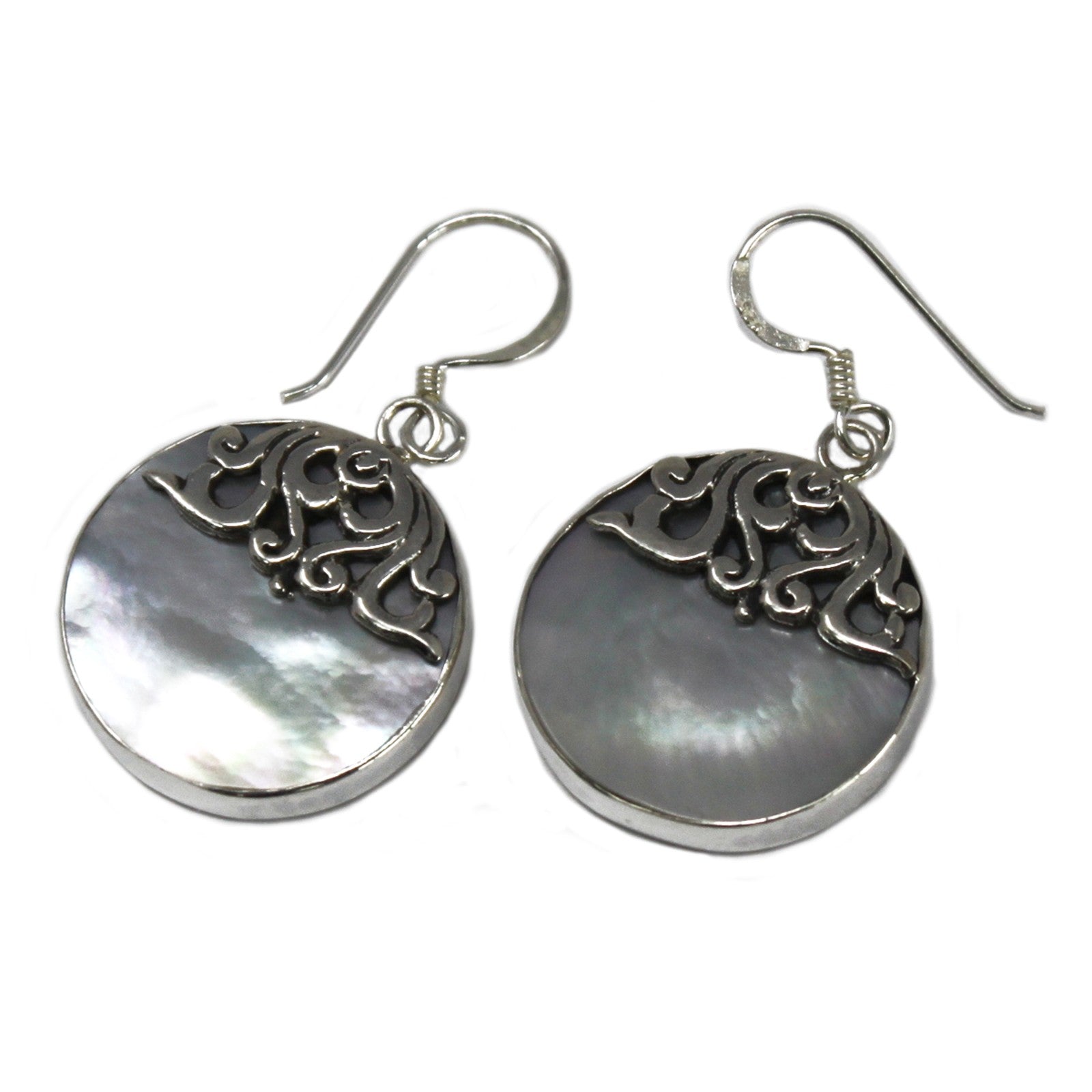 Elegant Shell & Silver Earrings featuring classic disc design, handcrafted in Bali for Ancient Wisdom.