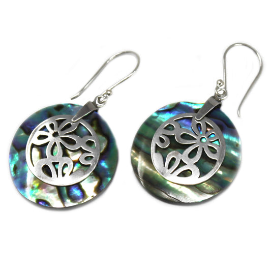 Stunning Shell & Silver earrings featuring floral designs, handcrafted in Bali with vibrant abalone details.