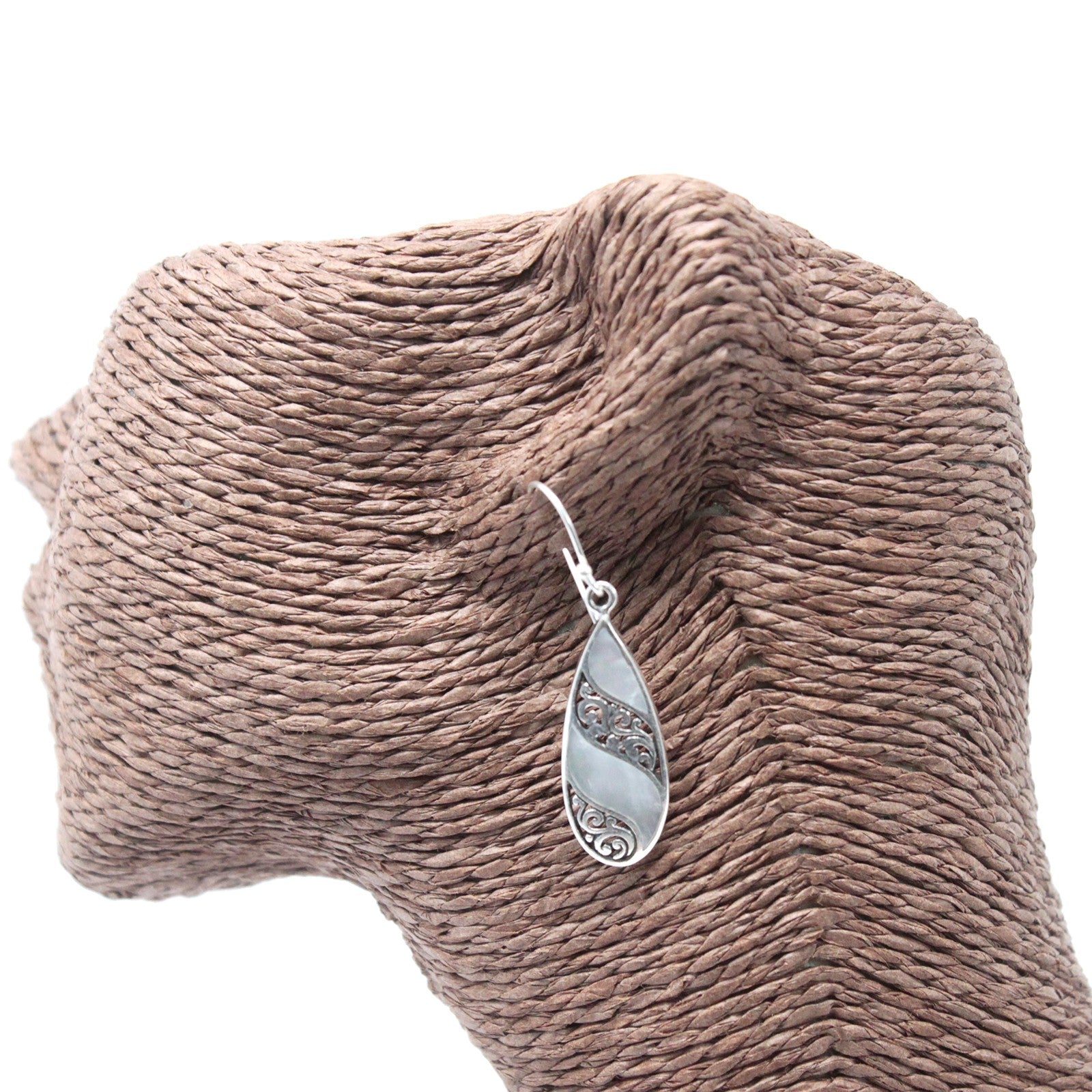 Elegant Shell & Silver Earrings, teardrop design, handcrafted in Bali from 925 silver and shell components.