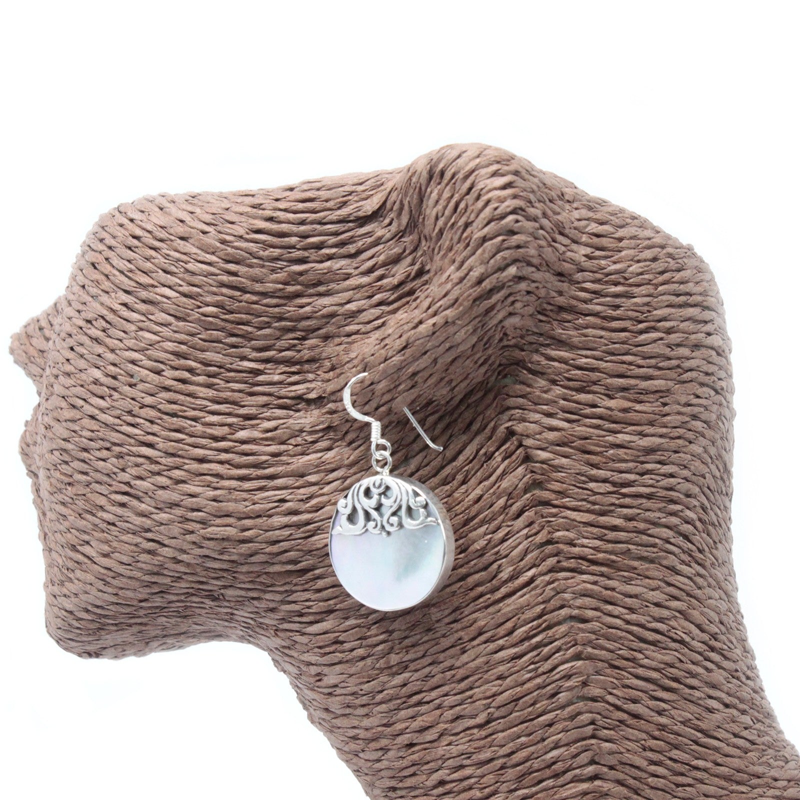 Elegant Shell & Silver Earrings featuring a classic disc design, handmade in Bali for Ancient Wisdom.