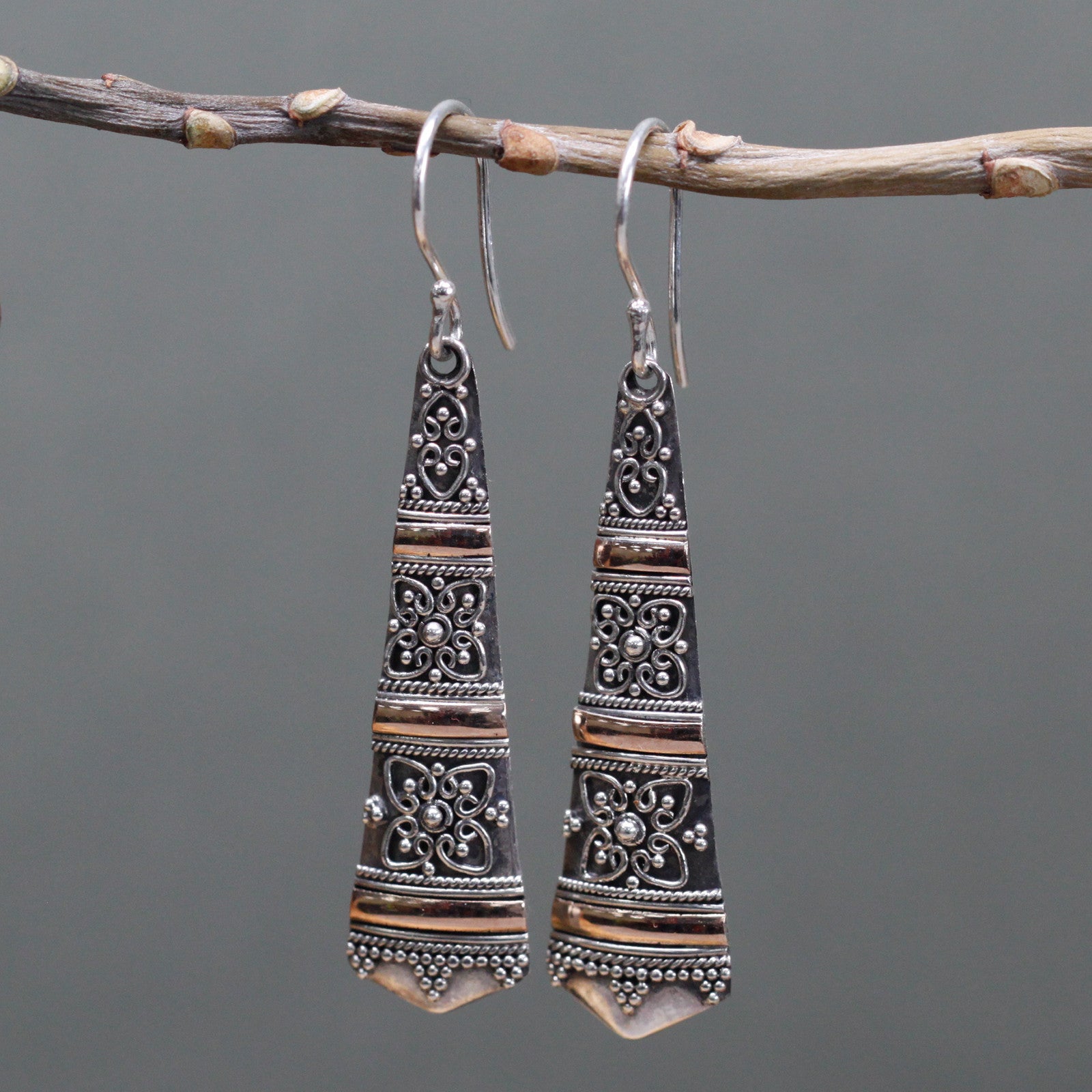 Elegant Silver and 18ct Gold Tribal Drops earrings, handcrafted in Indonesia, perfect for stylish jewellery lovers.