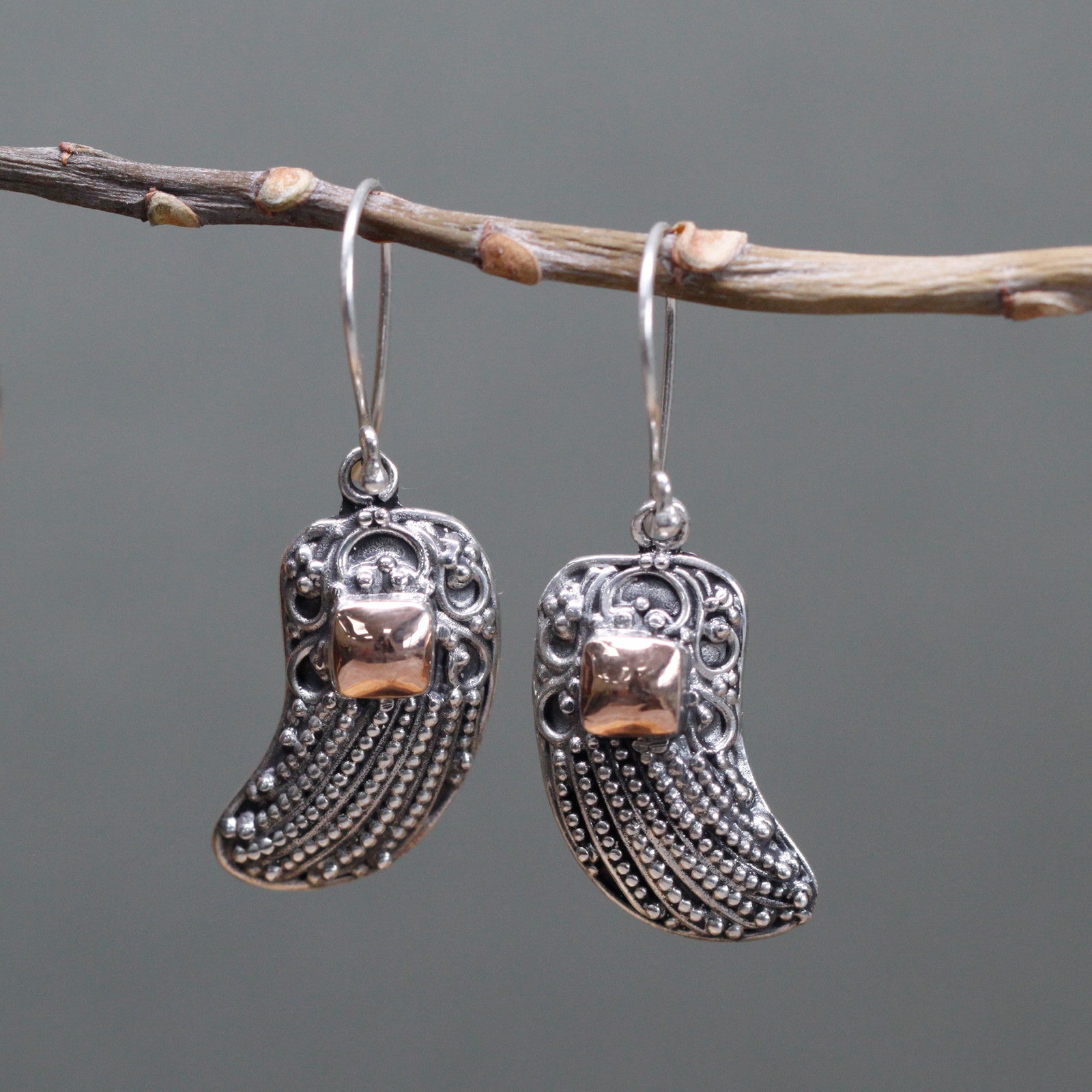 Elegant Silver & 18ct Gold Angel Wings earrings, handmade in Indonesia, perfect gift in a stylish box.