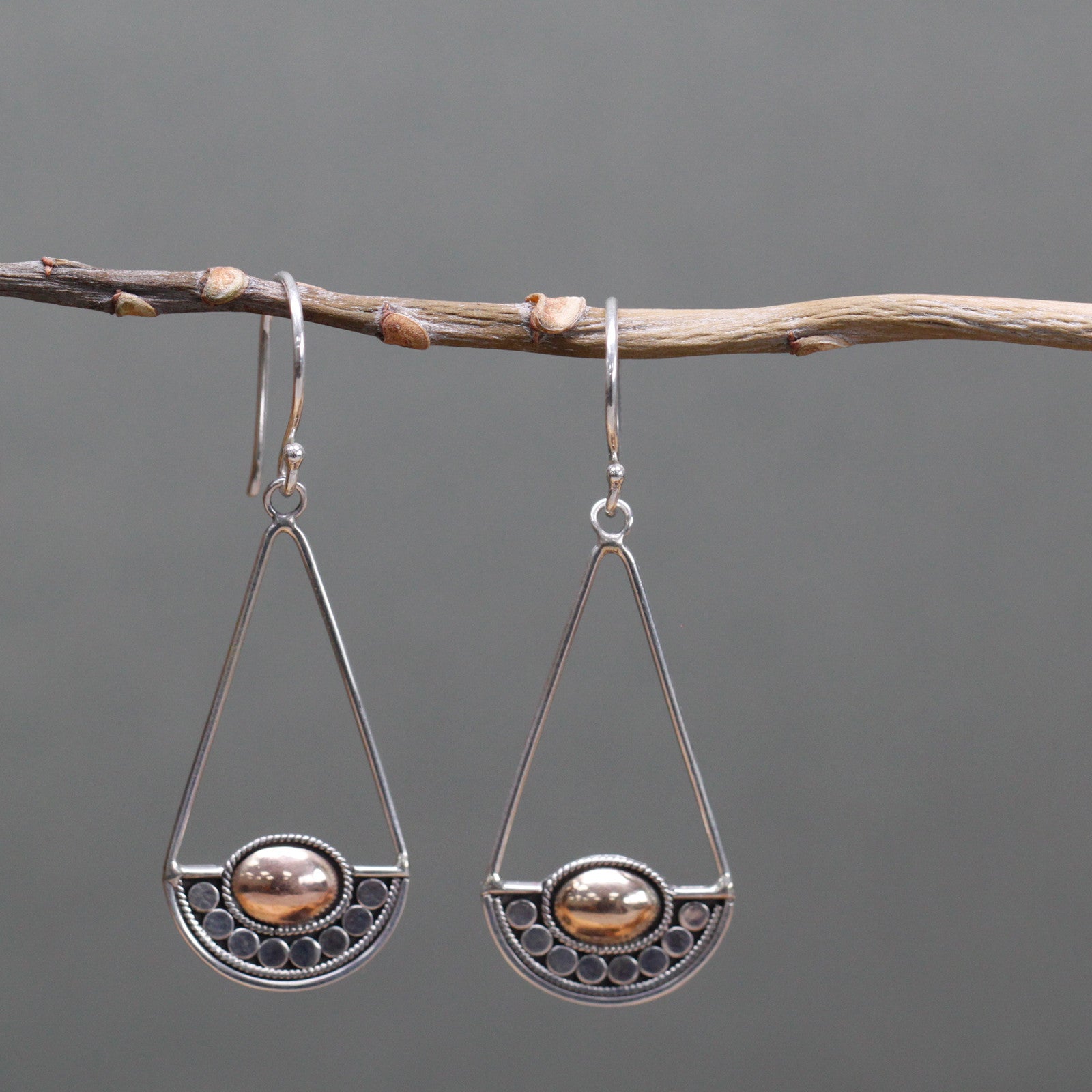 Stylish Silver and 18ct Gold earrings, Luna Balance, featuring a unique design and elegant drop. Perfect for any occasion.