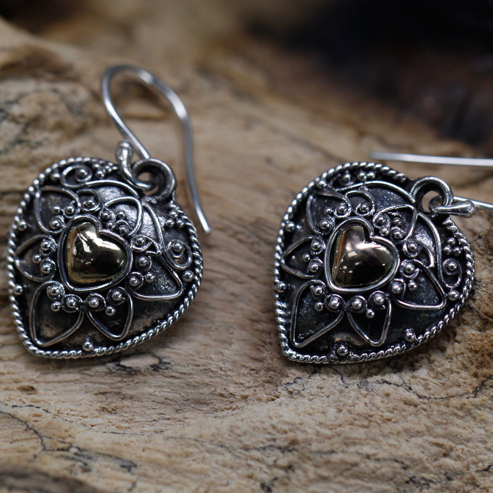 Elegant Silver & 18ct gold Mandala Hearts earrings, perfect for any occasion, measuring 1.6 cm with a hook fitting.
