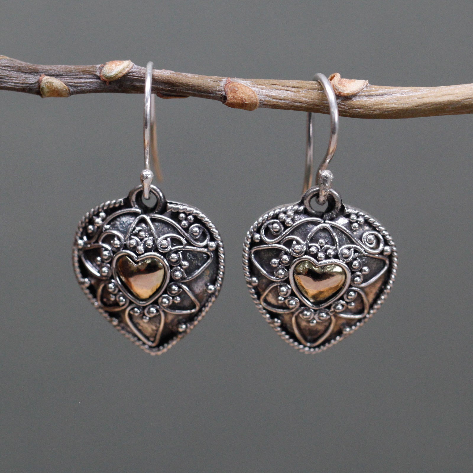 Elegant Silver & 18ct Gold Mandala Hearts earrings, perfect for adding charm to any outfit. Height: 1.6 cm.