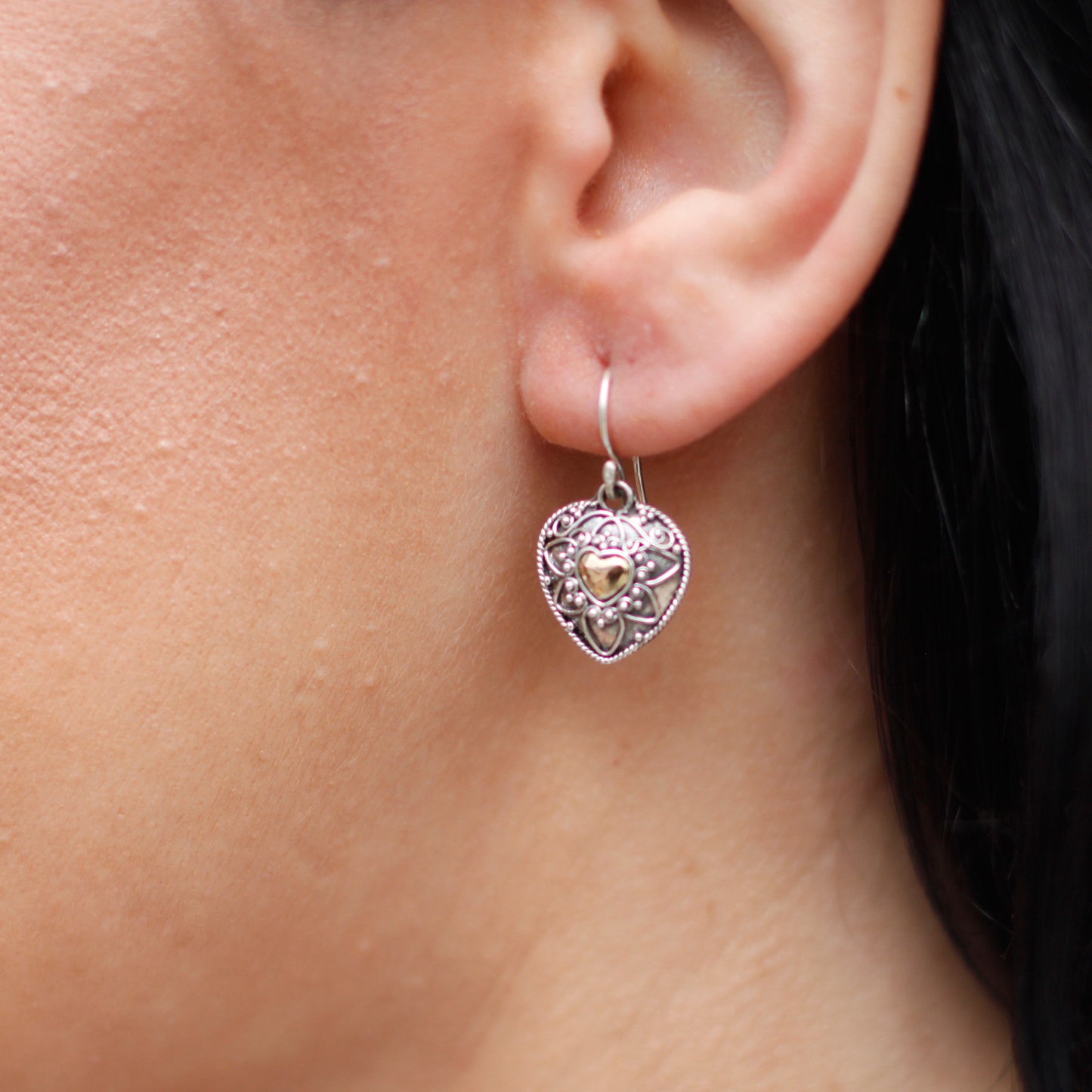 Elegant silver and 18ct gold Mandala Hearts earrings, featuring a delicate heart design, perfect for any occasion.