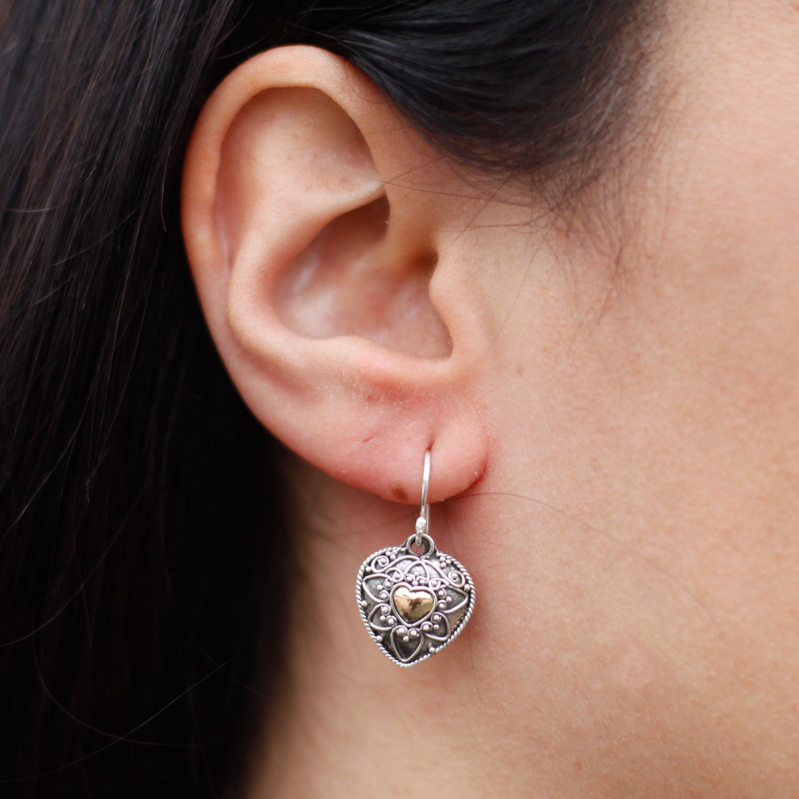 Silver & 18ct gold Mandala Hearts earrings, elegantly designed with a hook fitting, perfect for any occasion.