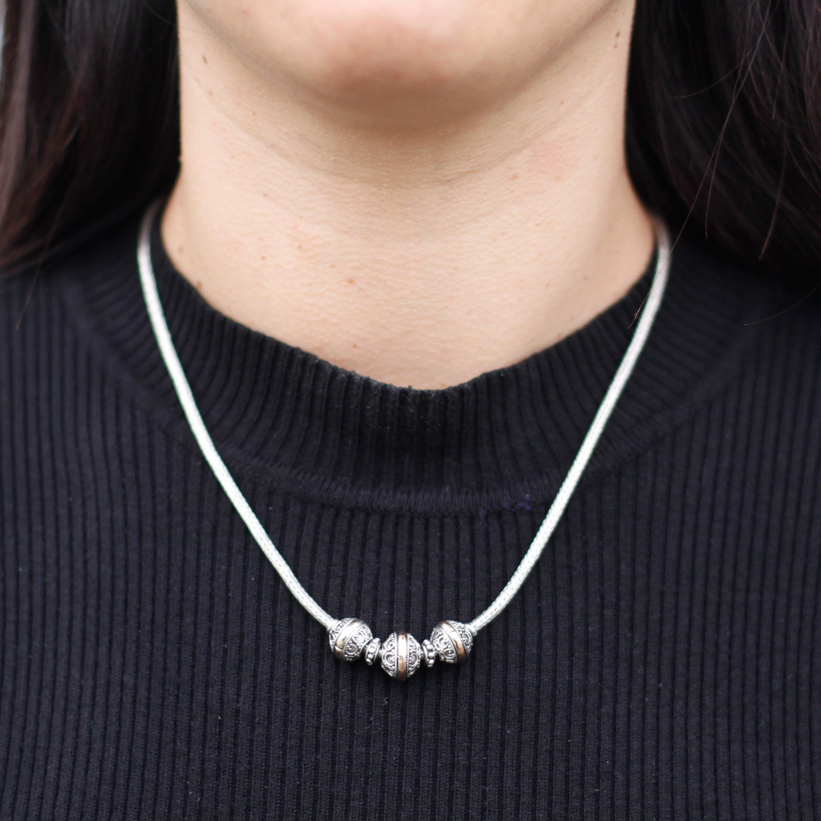 Stylish Silver & Gold Necklace -Tri showcasing intricate design, perfect for any occasion, 44.5cm long and 24 grams.