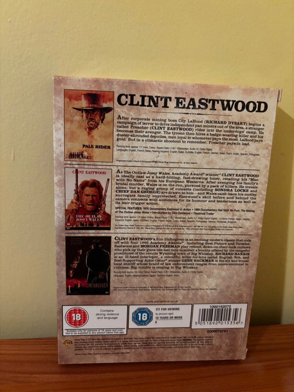 Clint Eastwood: Westerns x3 Films DVD set features three iconic films capturing Eastwood's cinematic legacy.