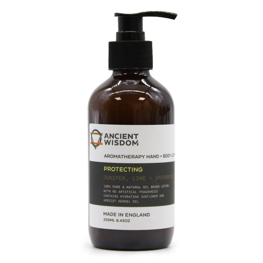 Aromatherapy Hand & Body Lotion from Ancient Wisdom, featuring natural oils for nourishing skin care. Choose your scent.