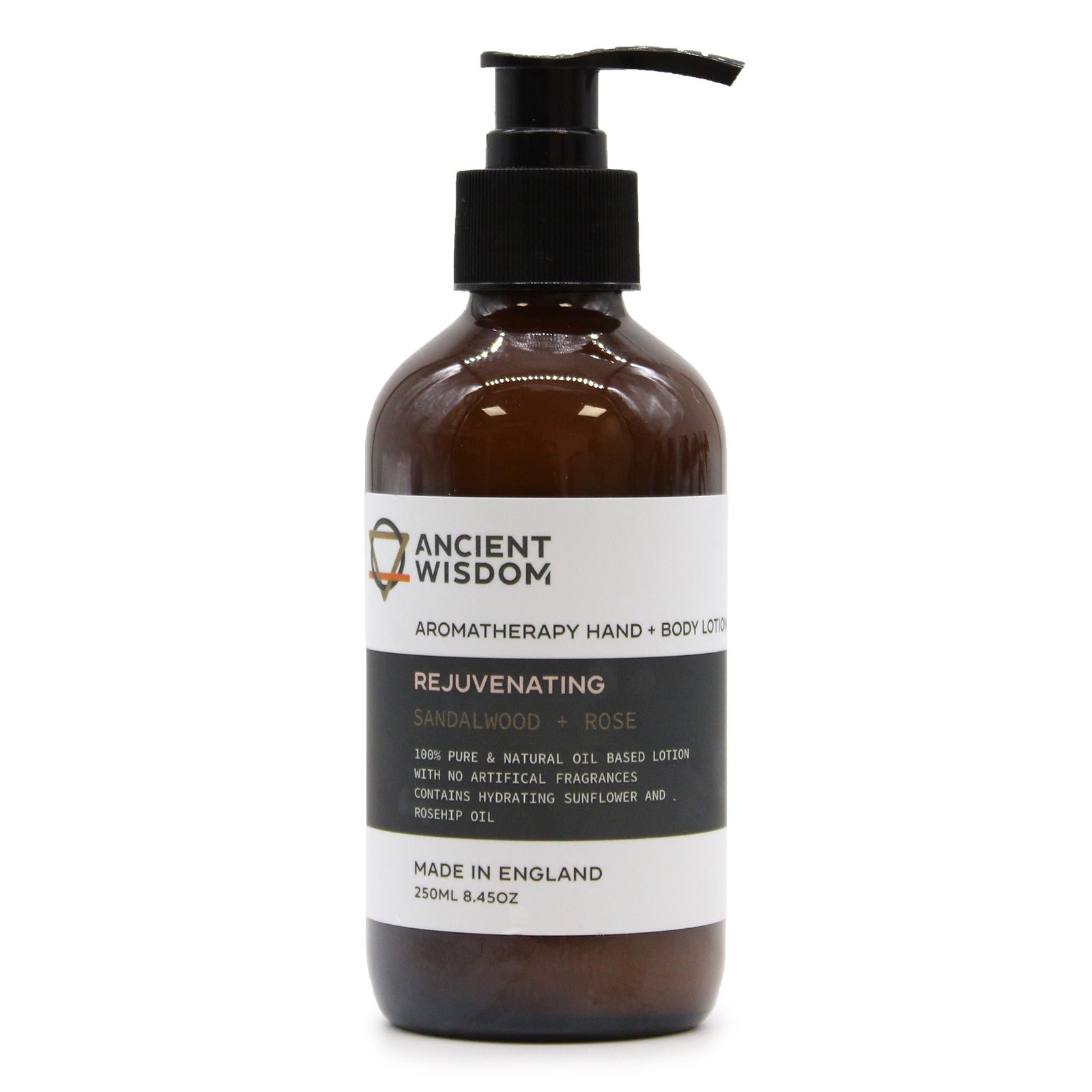 Aromatherapy Hand & Body Lotion by Ancient Wisdom, rejuvenating in sandalwood and rose, 250ml of pure luxury.