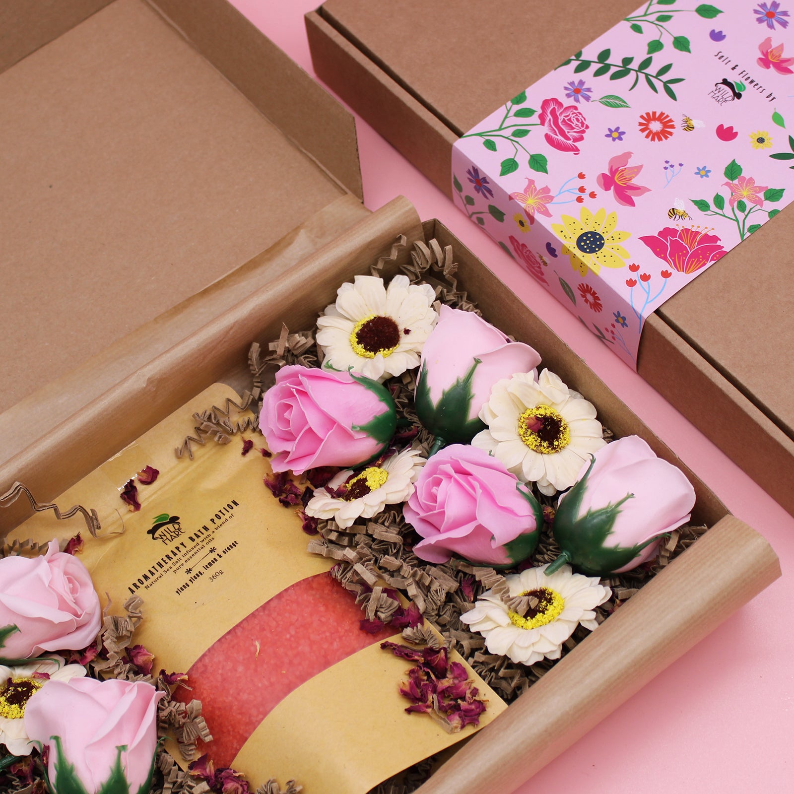 Wild Hare Salt Soak Set - Passion features bath salts and floral soaps for a luxurious spa experience at home.