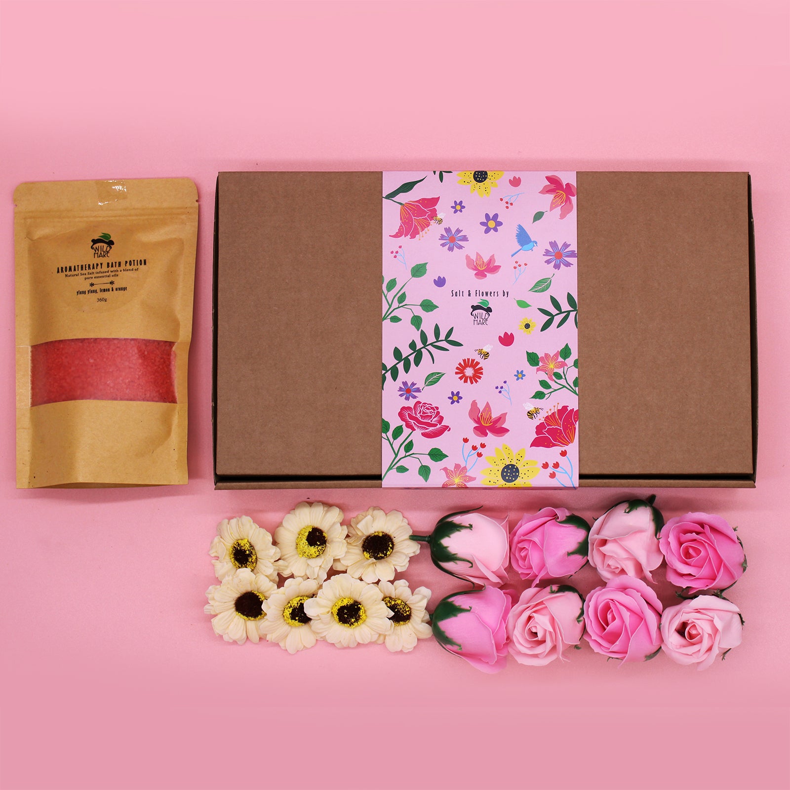 Indulge in the Salt Soak Set - Passion by Wild Hare, featuring bath salts and delightful soap flowers for a spa experience.