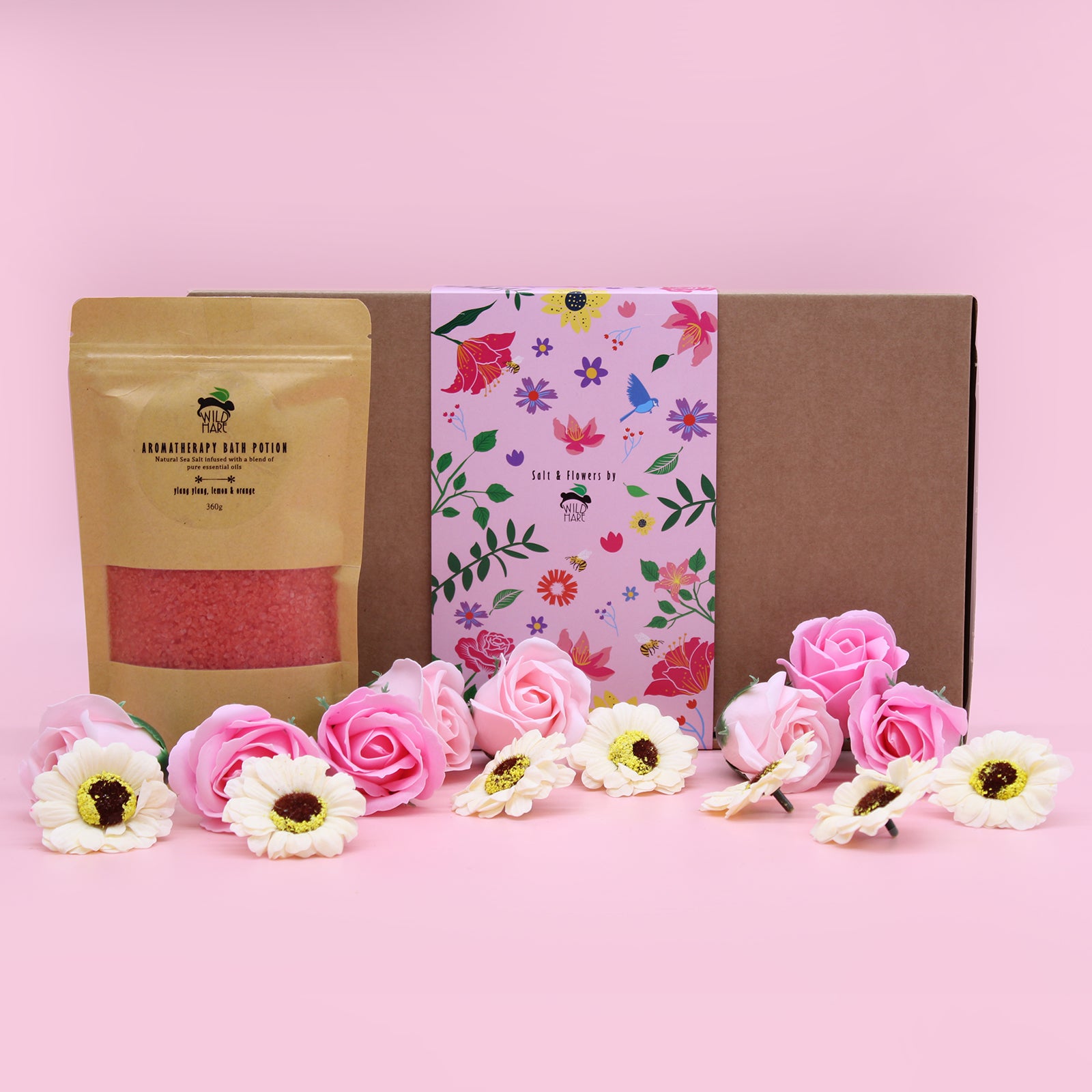 Relax in a spa-like experience with the Salt Soak Set - Passion, featuring bath salts and beautiful soap flowers.
