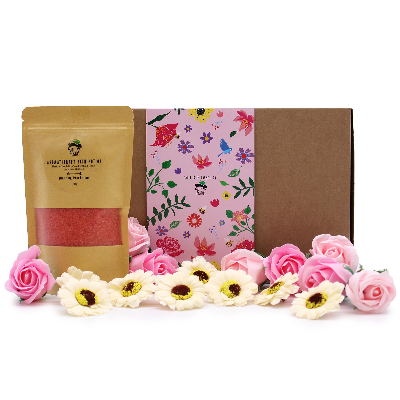 Relax with the Salt Soak Set - Passion from Wild Hare, featuring bath salts and floral soaps for a luxurious spa experience.
