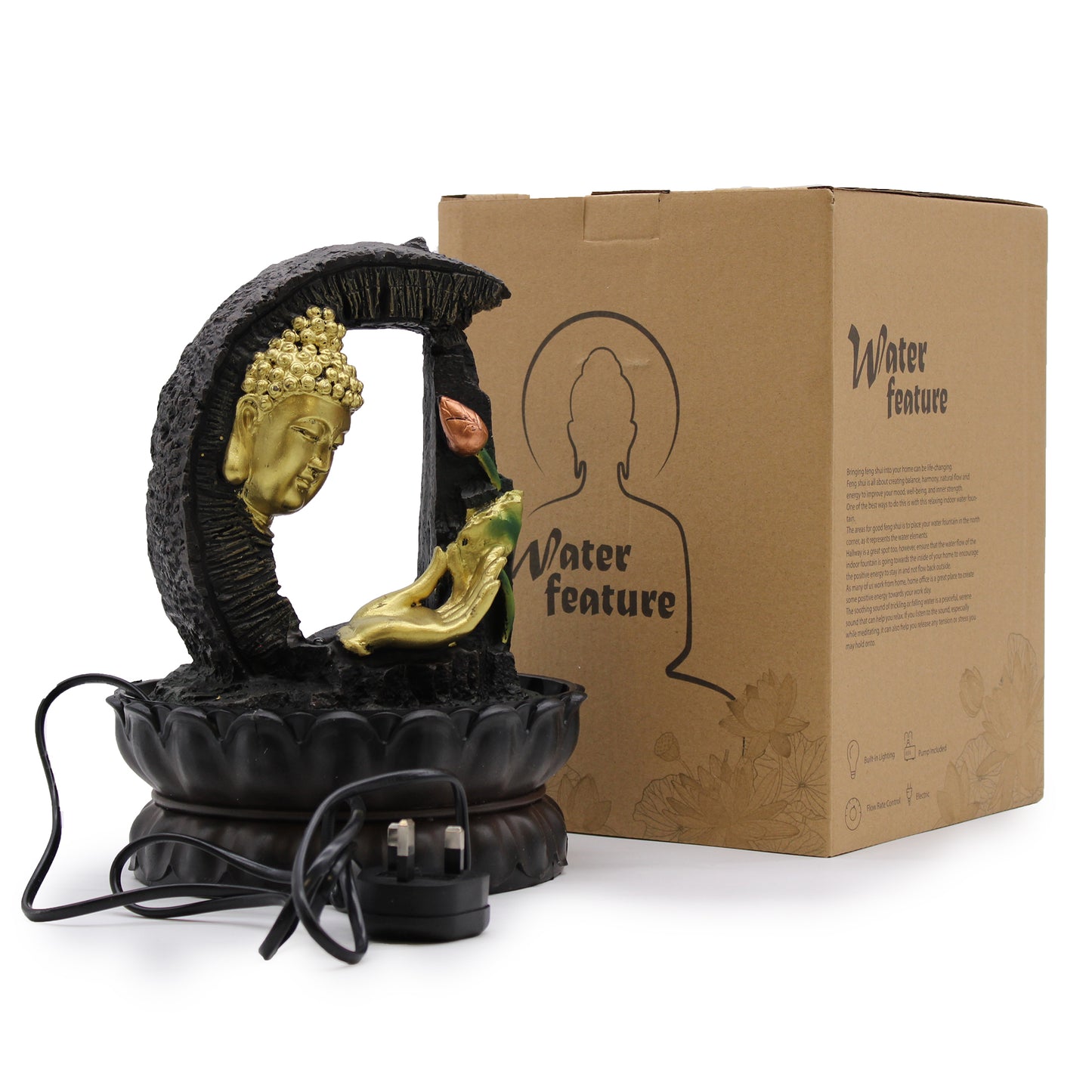 Tabletop Water Feature - 30cm - Golden Buddha adding serene feng-shui vibes to your home decor. Perfect for relaxation.