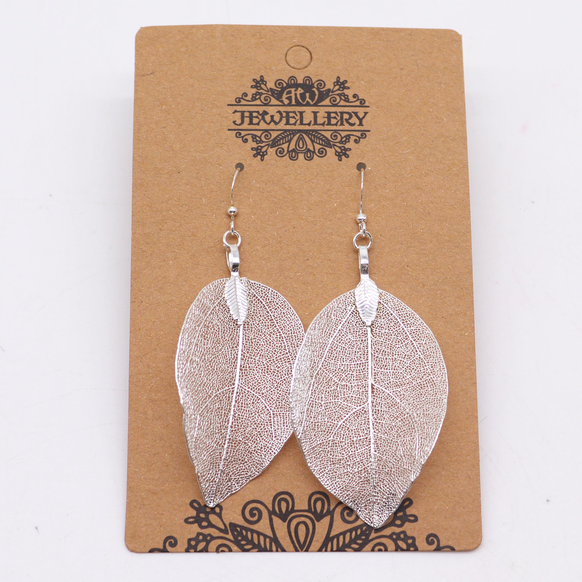 Earrings - Bravery Leaf - Choose From Silver, Multicoloured or Gold Plated, showcasing real leaves transformed into metal.