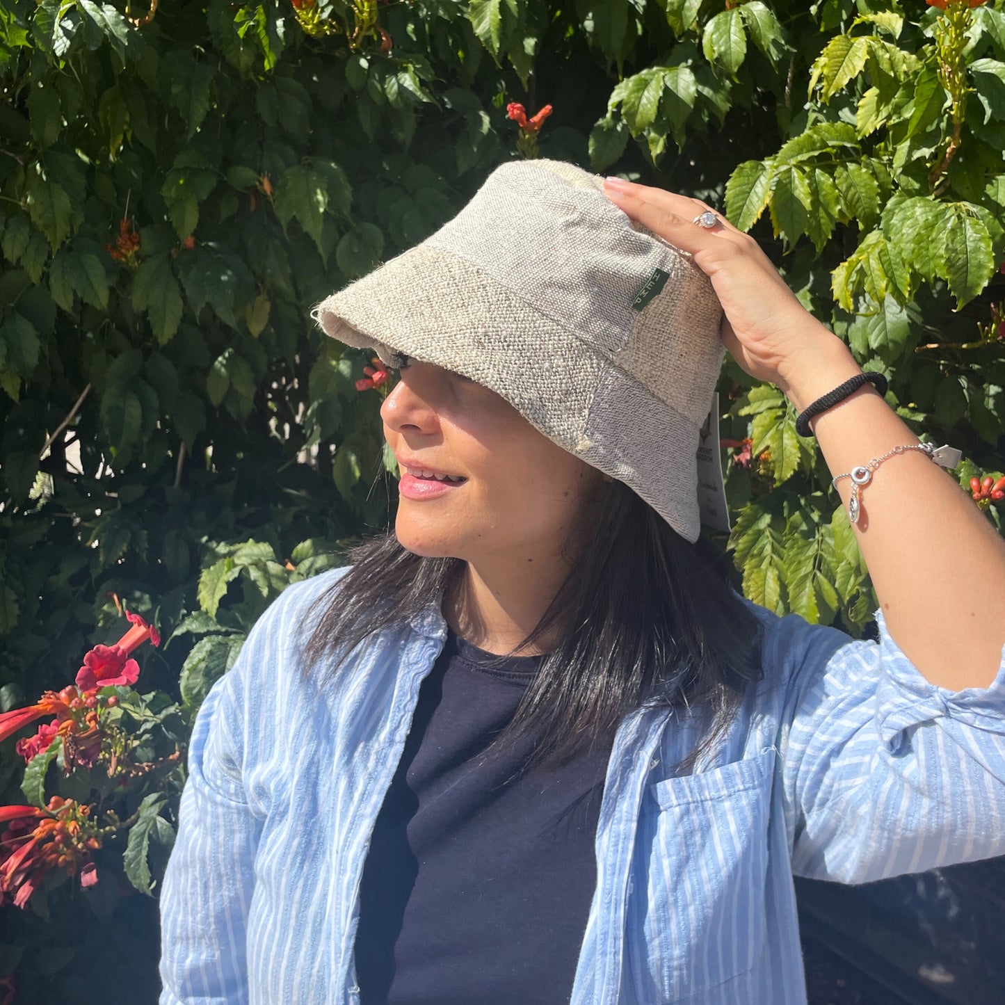Stylish Patched Hemp & Cotton Boho Festival Hat in natural hue, perfect for free-spirited outdoor adventures.