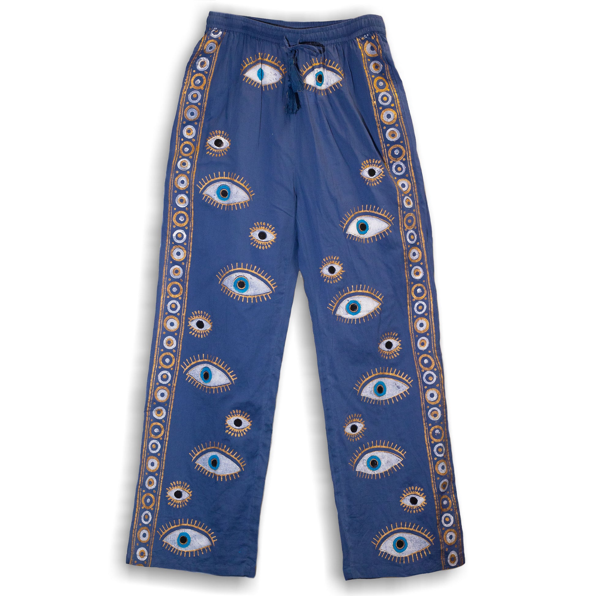 Nomad Sari On the Med Collection - Lounge Pants - Rich Blue featuring a hand-painted evil eye design, perfect for relaxed wear.