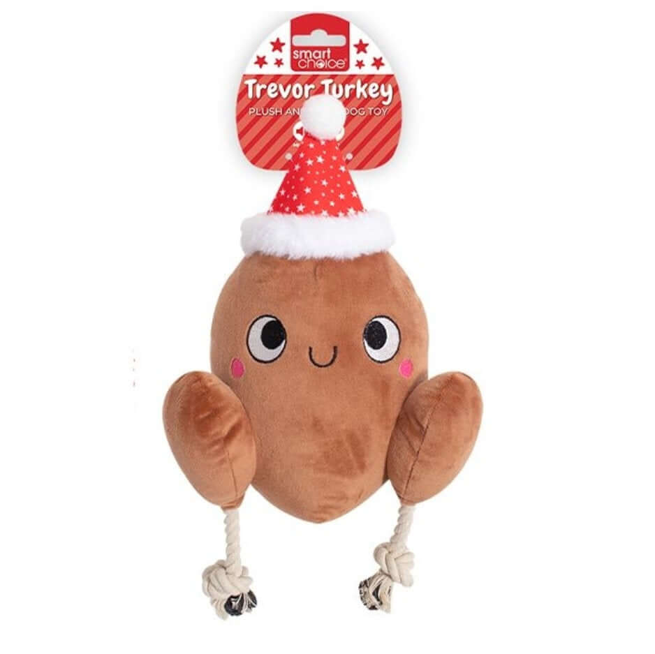 Plush Christmas turkey dog toy with Santa hat, soft brown body and rope legs.