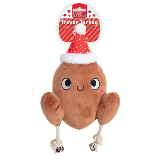 Plush Christmas turkey dog toy with Santa hat, soft brown body and rope legs.