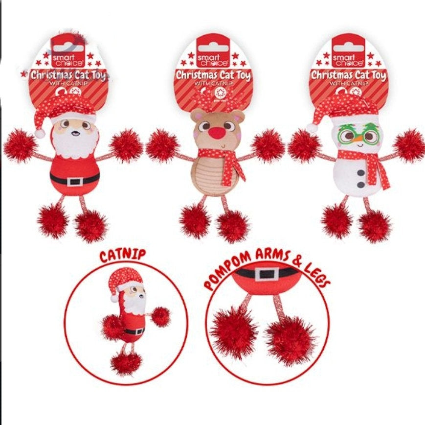 Festive Christmas catnip cat toys with pompom legs and arms in Santa, reindeer and snowman designs