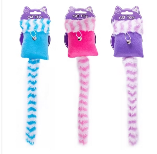 Large Fluffy Tail and Bell cat toy: three fluffy feather-tail cat toys in blue, pink and purple with bells.