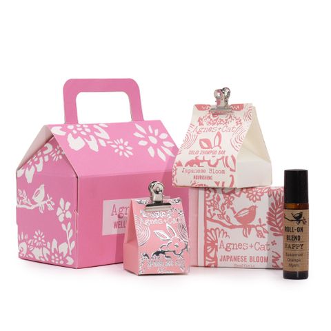 Agnes & Cat Wellness Gift Set - Bloom & Bliss featuring handmade soaps, shampoo, lip balm, and essential oil blend.