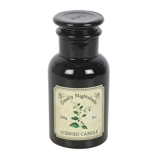 Deadly Nightshade scented candle in apothecary glass bottle with vintage label and botanical illustration.