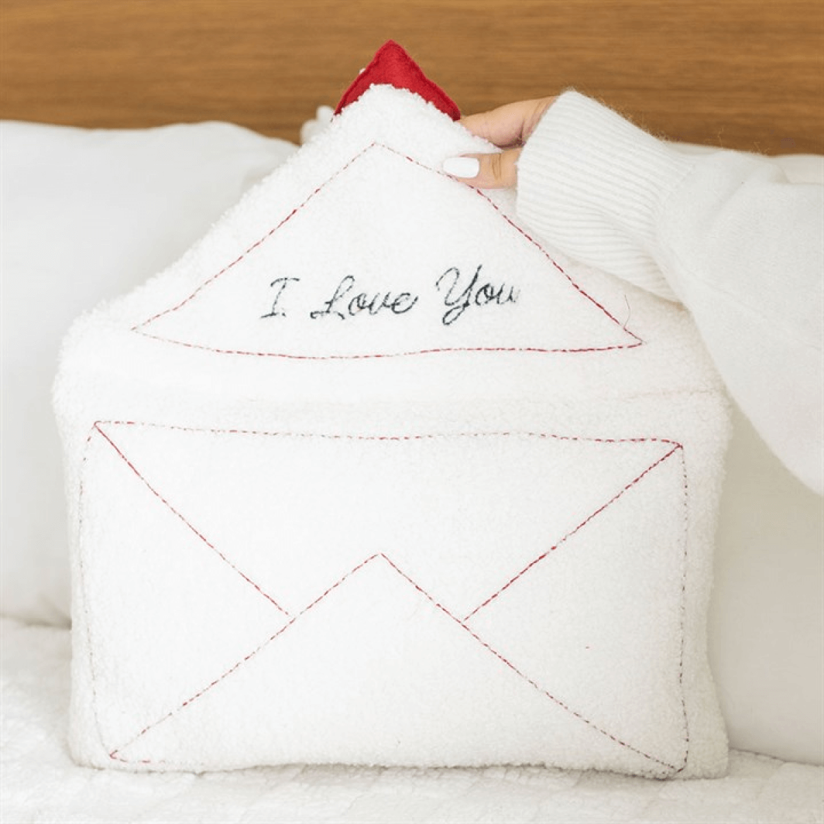 Love Letter Boucle Valentine's Day Cushion With Red Heart Envelope featuring embroidered 'I Love You' message.