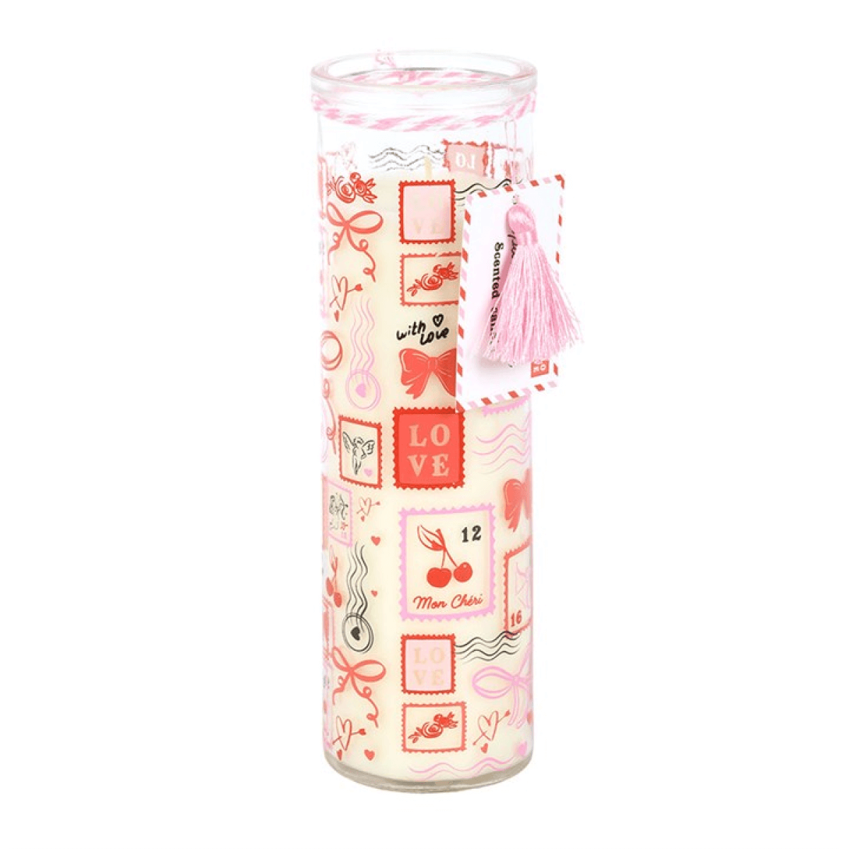 Valentine Candle in a tube design with postage stamp prints and a tassel, featuring a sparkling rose scent.