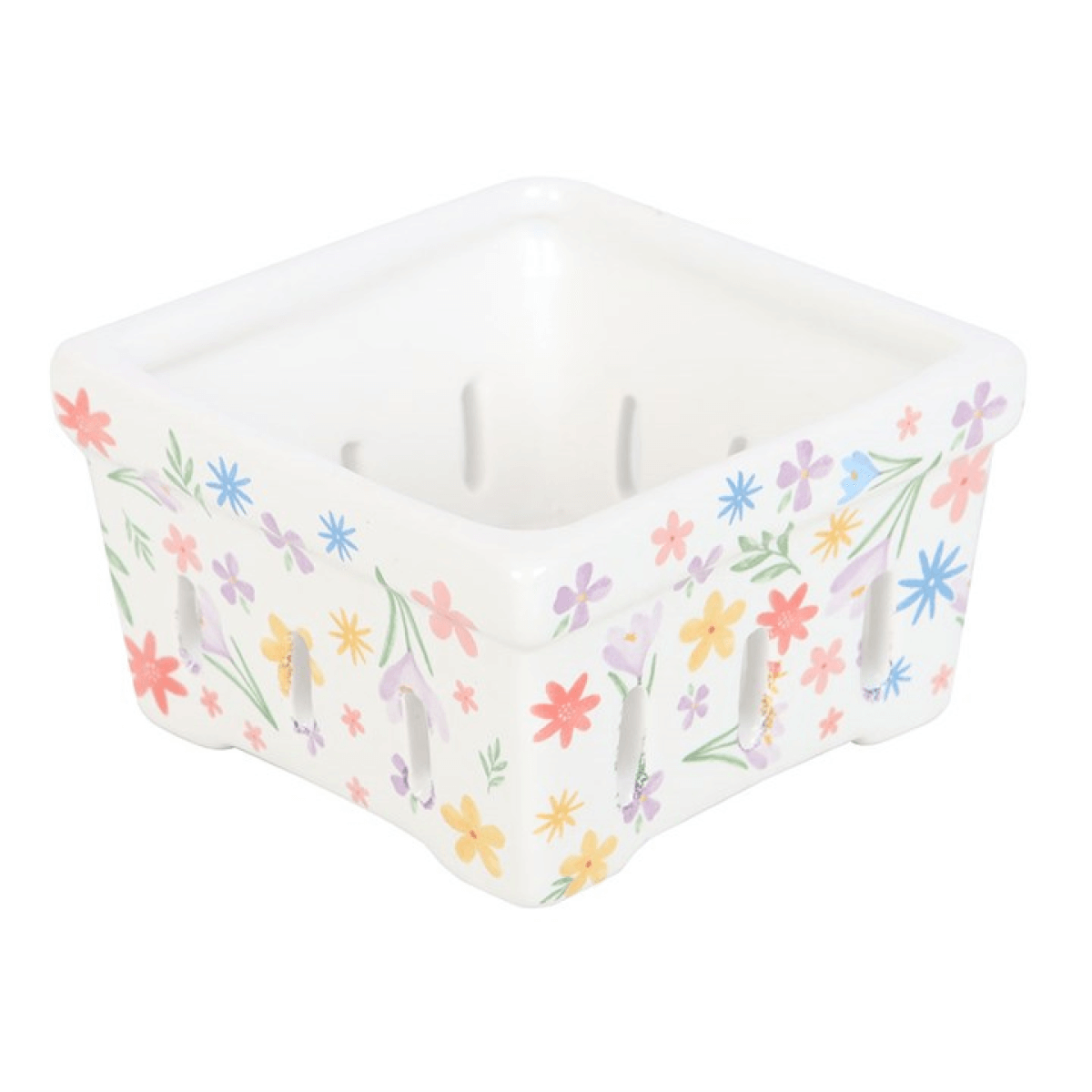 Spring Floral Print Ceramic Berry Basket featuring vibrant floral designs on a white ceramic surface.