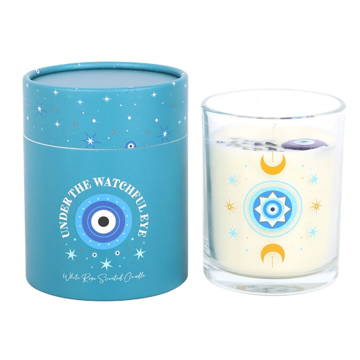 Under Watchful Eyes White Rose Candle With Crystals in a turquoise box and glass jar.