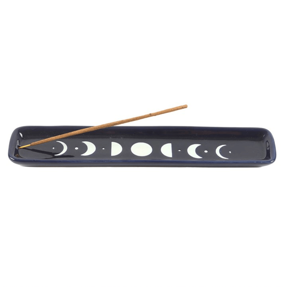 Blue Moon Phase Ceramic Incense Ash Catcher With Celestial Design featuring moon phases and incense stick.