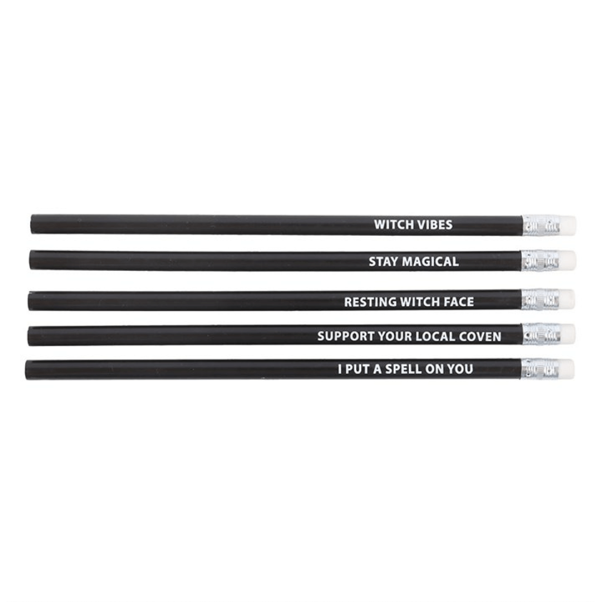 The Coven Club 5 Pack Witchy Pencils With Mystic Phrases showing black pencils with various mystical phrases.