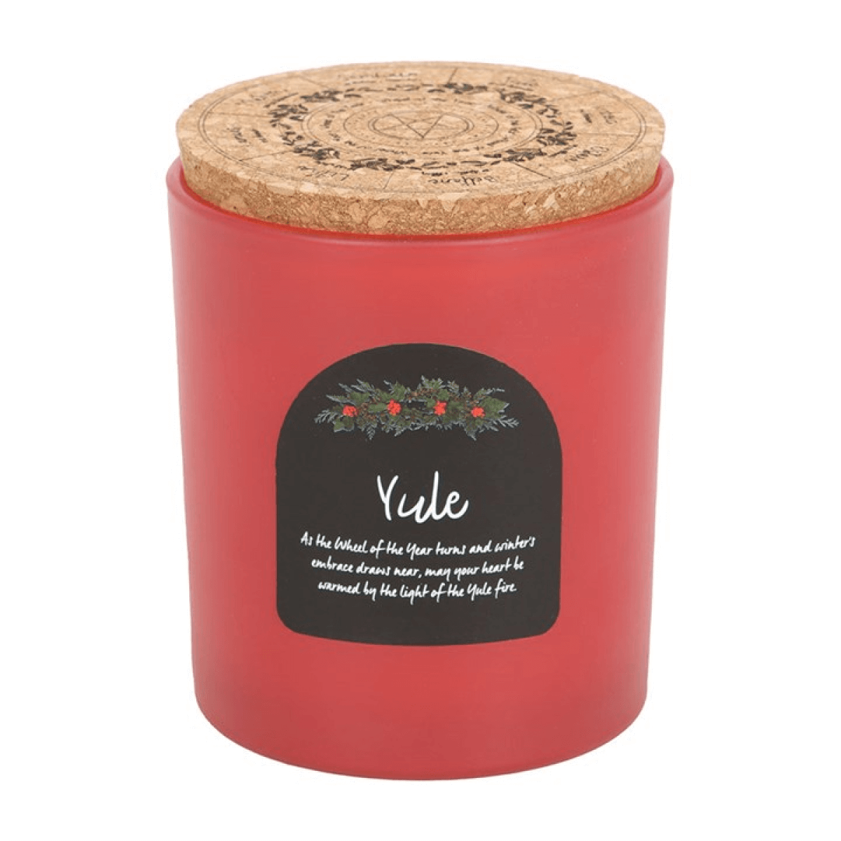 Yule Wintergreen Wheel of the Year Candle Winter Solstice in a glass jar with cork lid for festive rituals.